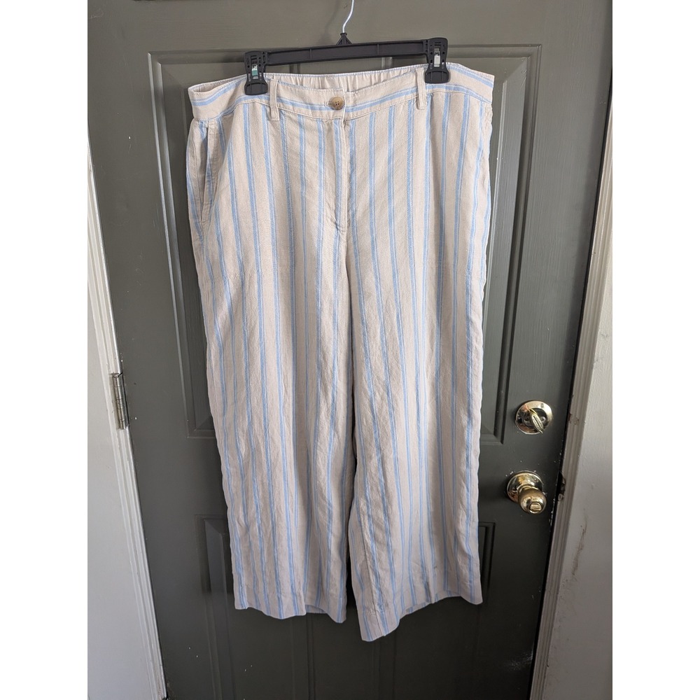 J.Jill Love Linen Wide Leg Pants Beige‎ Blue Striped 100% Linen Large
